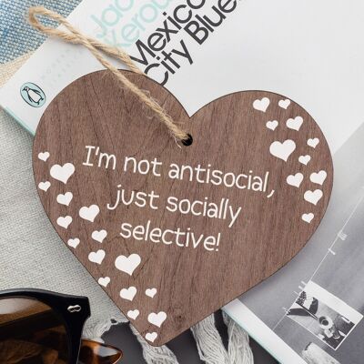 Not Antisocial Wooden Heart Friendship Plaques Sign Funny Novelty Birthday Gifts
