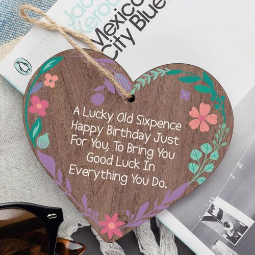 Lucky Sixpence Happy Birthday Wooden Hanging Heart Plaque Shabby Chic Present