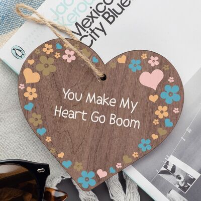 Make My Heart Go Boom Wooden Hanging Heart Shabby Chic Plaque Valentine Gift