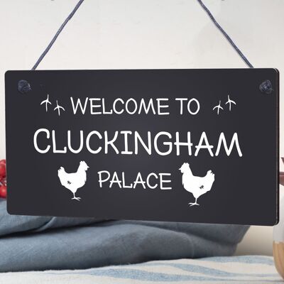 Bienvenido al Palacio de Cluckingham, novedad, placa colgante para jardín, cartel de gallina y pollo