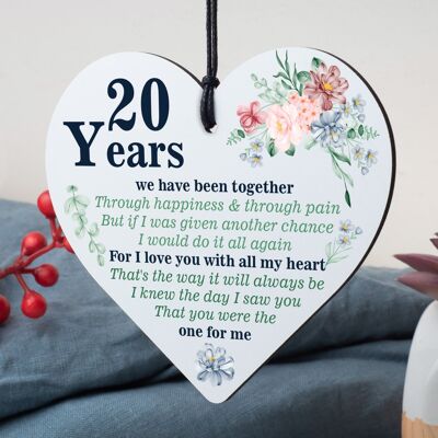 Regalo per anniversario, 20° anniversario di matrimonio, fidanzamento, placca a cuore in legno