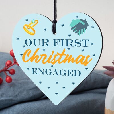 First Christmas Engaged Wooden Xmas Tree Decoration Heart Bauble Fiance Gift