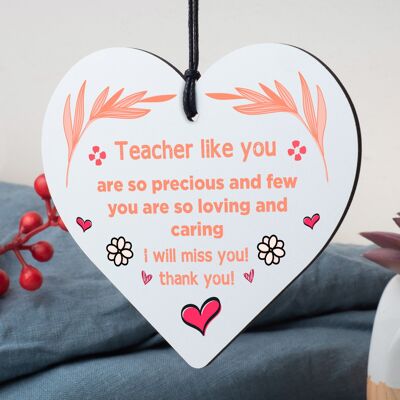 Teacher Leaving Gift Wood Hanging Heart Plaque Term End Present Thank You Sign