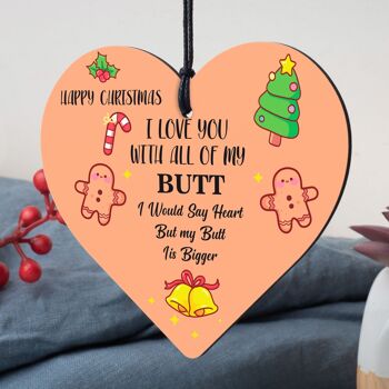 Carte de Noël en bois avec cœur en bois, cadeau de Noël grossier et amusant pour mari et petit ami