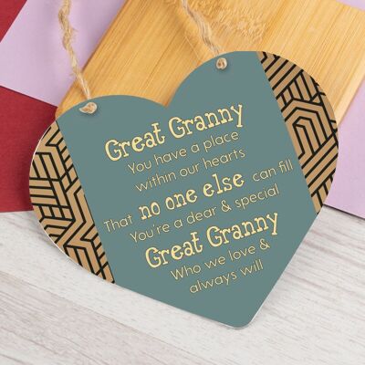 GRAZIE Love Great Granny Targa ricordo in legno con cuore in legno, regalo di compleanno e Natale