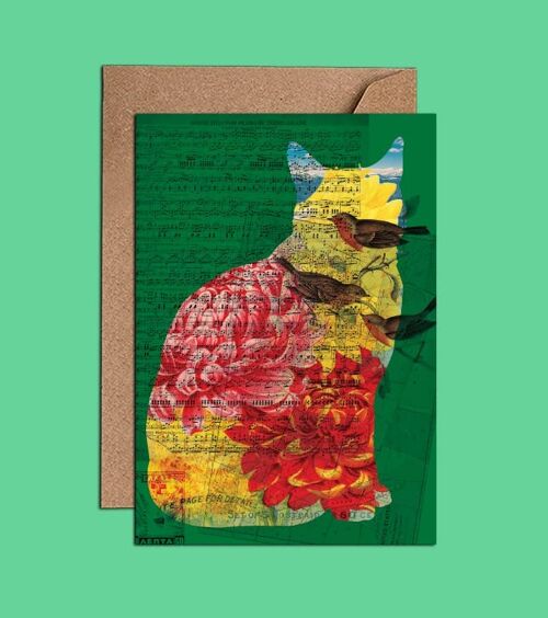 Card With A Cat - Cat Notes Birds Dictionary Art Card - (WAC21506)
