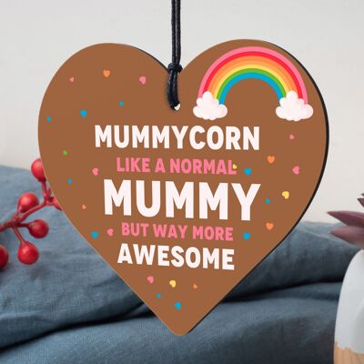 Lustiges Mummycorn-Herz aus Holz als Geschenk für Mama zum Geburtstag von Tochter und Sohn als Andenken