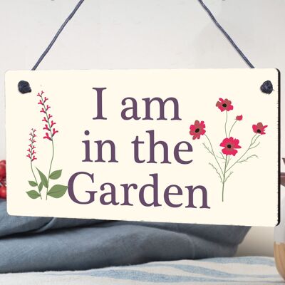 Je suis dans le jardin, panneau de porte suspendu, panneau d'abri de jardin en bois, cœur en bois