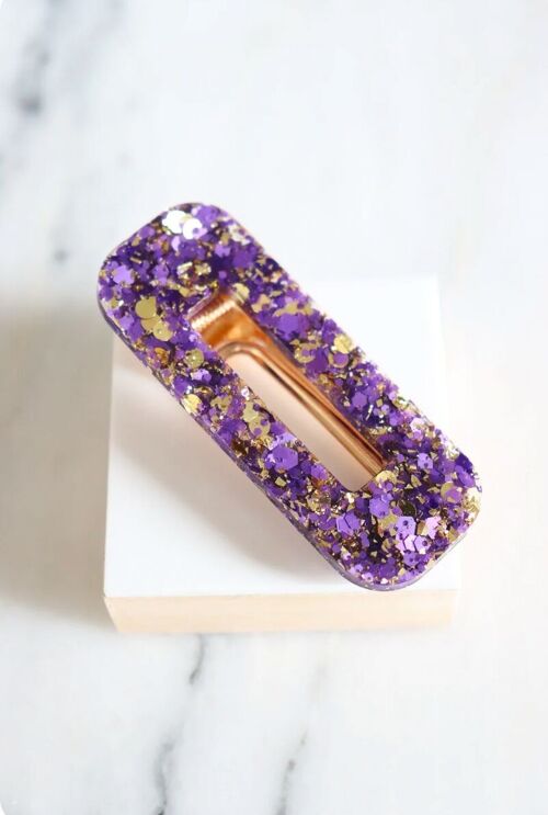 Barrette rectangle paillettes violettes et or