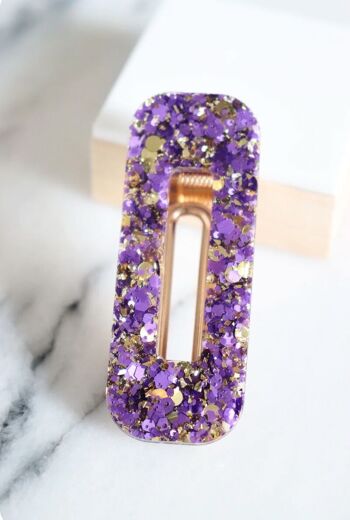 Barrette rectangle paillettes violettes et or 2