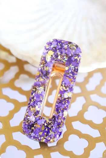 Barrette rectangle paillettes violettes et or 4