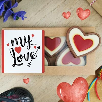 Red and white milk chocolate hearts x4 "My Love" - ​​Valentine's Day gift