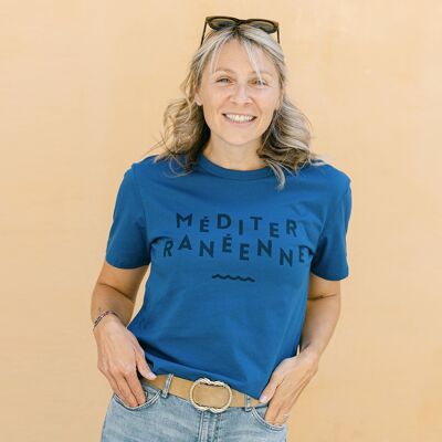 Camiseta de mujer estampada de algodón orgánico - Azul Mediterráneo