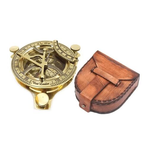 Brass Nautical Sundial Compass with Leather Pouch