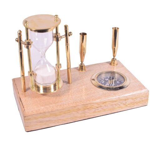 Brass & Wood Pen Holder With Sand Timer & Compass