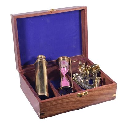 Set de caja de regalo náutico con sextante de reloj de arena y telescopio