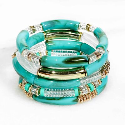 Set of resin tube bracelets on elastic - Turquoise blue