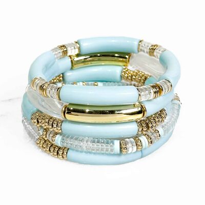 Set of resin tube bracelets on elastic - Light blue