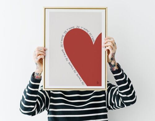 Je t'aime en cœur - affiche maison - illustration amour - fait main en france