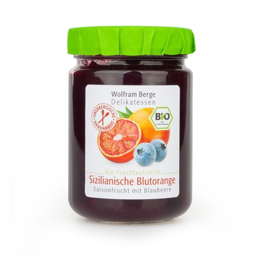 Bio Sizilianische Blutorange mit Blaubeeren Fruchtaufstrich, 180g Glas eigene Herstellung