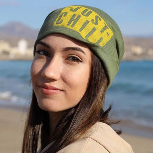 Just Chill - military green beanie hat with screen print