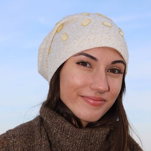 208 Very fashionable Beanie Hat, Pearl Iridescent Cabochon