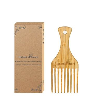 Umweltfreundlicher Afro-Pick-Haar-/Bartkamm aus natürlichem Bambus mit breiter Zahnung