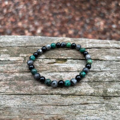 Bracciale elastico per litoterapia “Tripla protezione” Labradorite, turchese africano e onice nero, prodotto in Francia