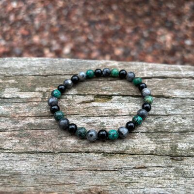 Elastic Lithotherapy Bracelet “Triple Protection” Labradorite, African Turquoise and Black Onyx, Made in France