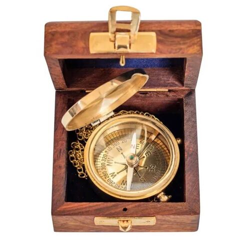 Brass Compass with Lid & Chain in Wooden Box