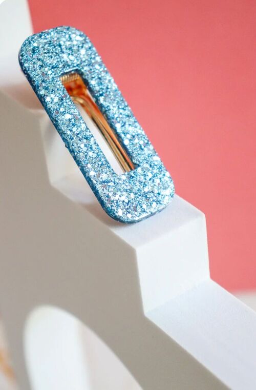 Barrette rectangle paillettes bleu orage