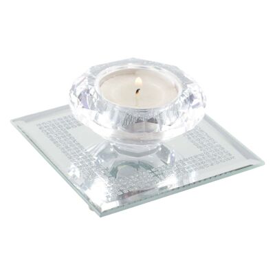 BOUGEOIR EN CRISTAL 9X9CM SUR SUPPORT CARRE MIROIR ARGENT