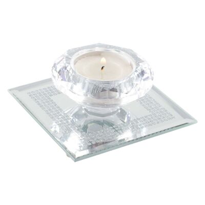 CRYSTAL CANDLE HOLDER 9X9CM ON SILVER MIRROR SQUARE STAND