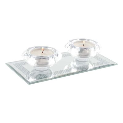 BOUGEOIR DOUBLE EN CRISTAL SUR SUPPORT RECTANGLE MIROIR ARGENT