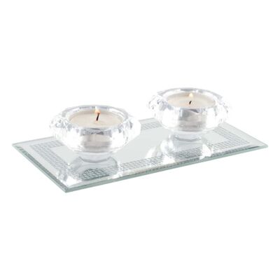 DOUBLE CRYSTAL CANDLESTICK ON RECTANGLE SILVER MIRROR STAND
