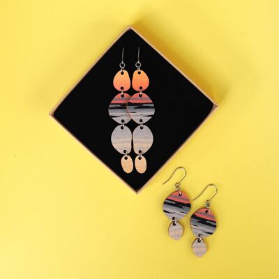 Wooden sustainable PATH earrings 12: Sunset. Made in Finland