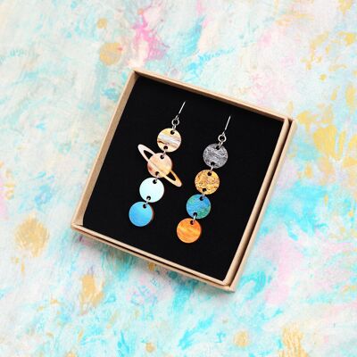 Universe Solar System sustainable wooden chandelier earrings