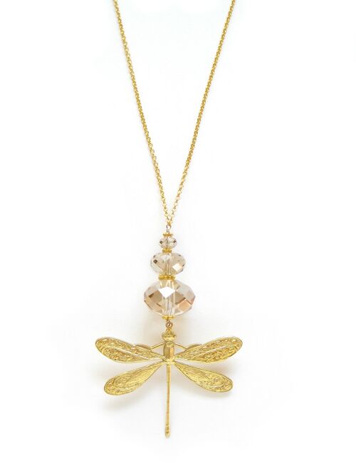 Long gold dragonfly necklace with Golden Shadow crystals