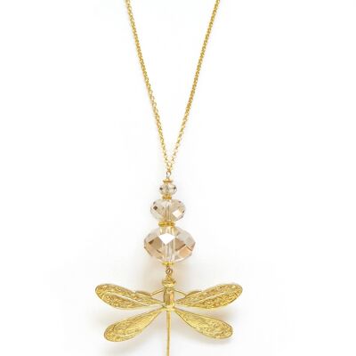 Long collier libellule en or avec cristaux Golden Shadow