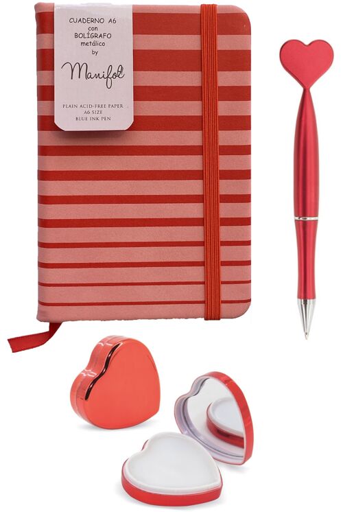 Set 3 piezas : cuaderno A6 , bolígrafo y bálsmo labial corazón