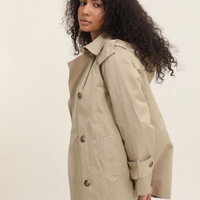 Mid-length hooded trench coat with belt Camel