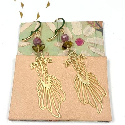 Koi Carp earrings gilded with fine Gold and Tourmaline