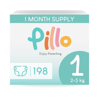 Pillo Diapers Size 1 - 198x Baby Diapers 0-3 Months - New Born (2-5 kg) - 198 pcs