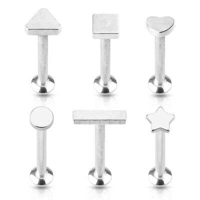 Set of 6 Monroe Labret Piercing in 316L Surgical Steel Silver - Rod 8 x 1.2 mm - 6 Different Shapes