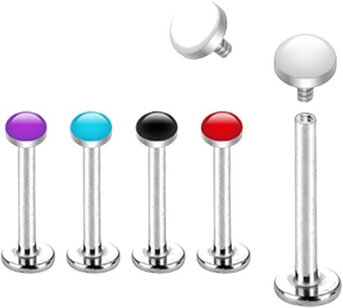 Lot DE 5 Piercing Labret Monroe en Acier Chirurgical 316L et Email de Couleur - Tige 6 x 1,2 mm ou 8 x 1.2 Mm