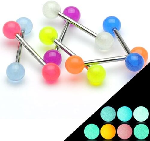 Lot de 7 Piercing Barbell en Acier Chirurgical 316L et Acrylique Phosphorescent - Langue/Arcade