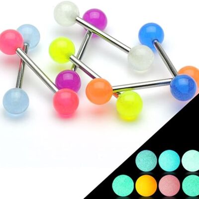 Set di 7 piercing al bilanciere in acciaio chirurgico 316L e acrilico fosforescente - Lingua/Arcade