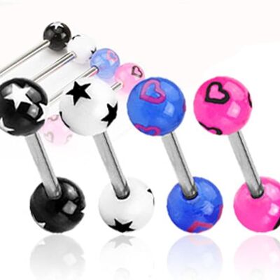 Set of 4 Barbell Piercing in 316 L Surgical Steel and Acrylic - 4 Colors - Heart/Star - Tongue/Arcade