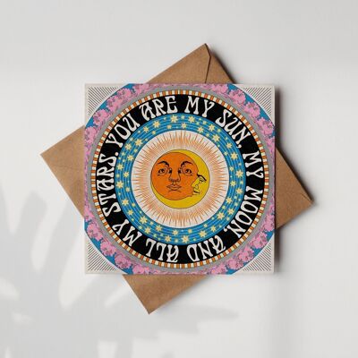 Quadratische Boho-Grußkarte mit Sonne und Mond und Umschlag aus Kraftpapier