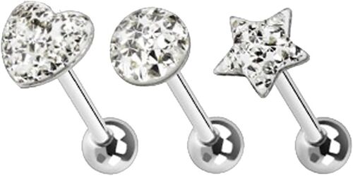 Lot de 3 Piercing Barbell en Acier Chirurgical 316L et Zirconium Transparent - Coeur/Etoile/Rond - Langue/Arcade